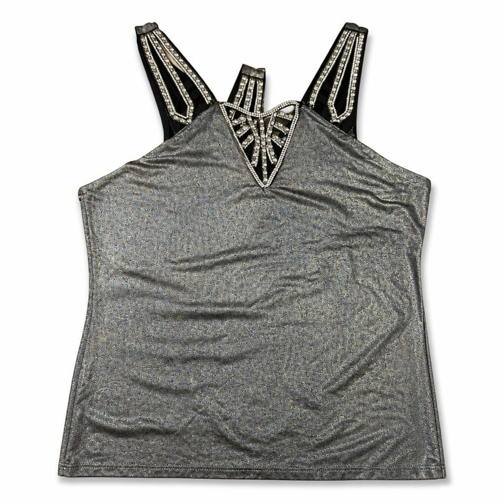 Silver holographic embellished strap tank top - white studio shot, second-hand at Why Go Less, Dekwaneh, Lebanon