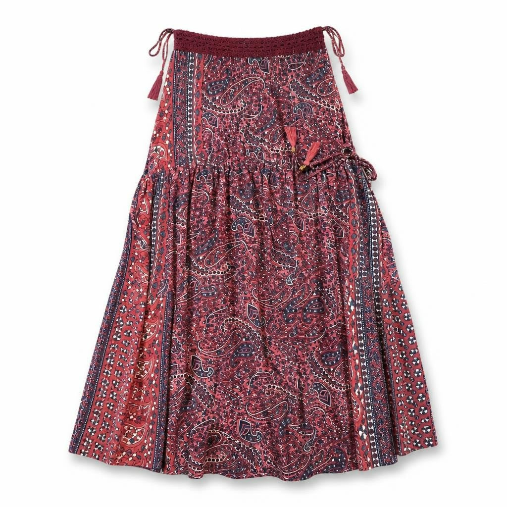 Boho paisley maxi skirt, red/navy, crochet waist - white studio shot, second-hand at Why Go Less, Dekwaneh, Lebanon