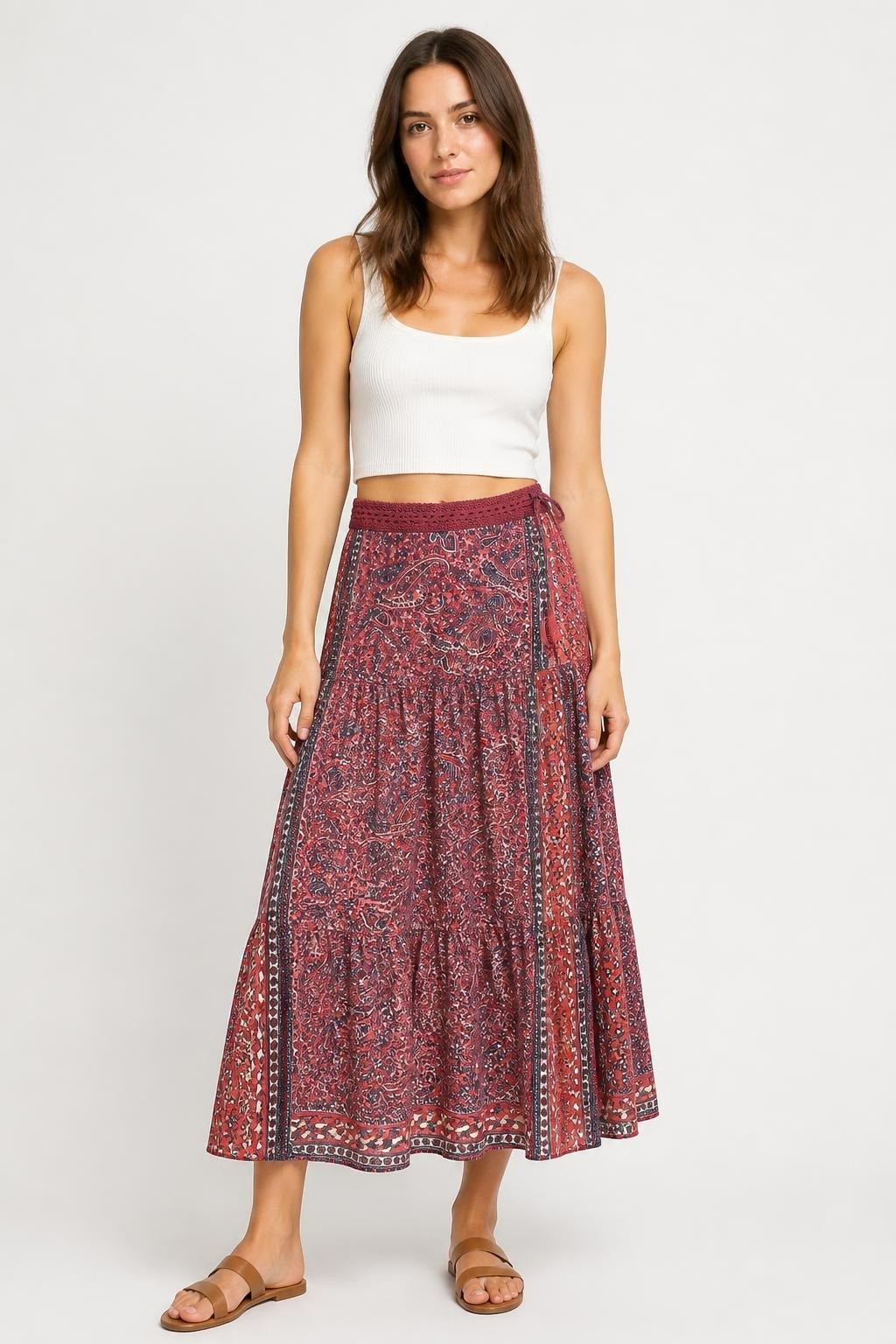 Boho Paisley Maxi Skirt Red Navy with Crochet Waist | Pre-Loved | Why Go Less