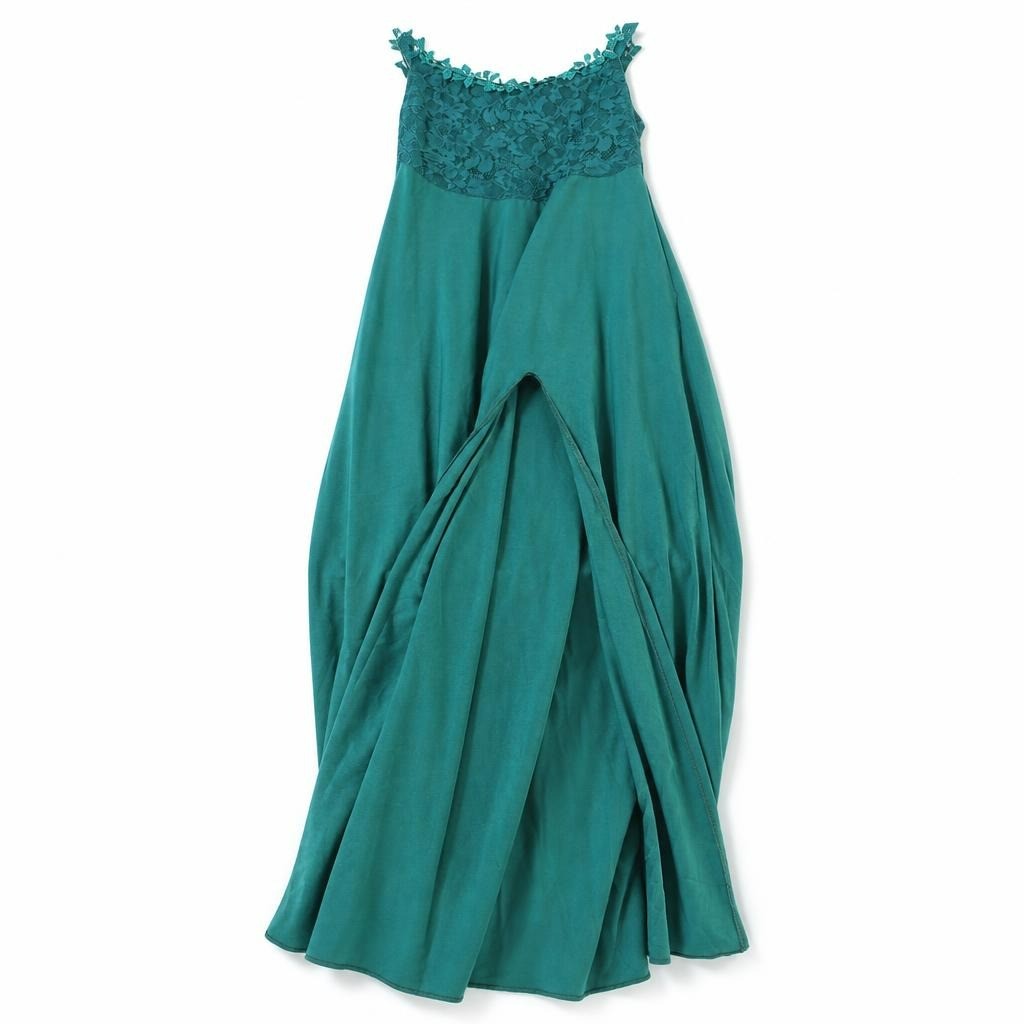 Teal green lace-bodice maxi evening dress - white studio shot, second-hand at Why Go Less, Dekwaneh, Lebanon