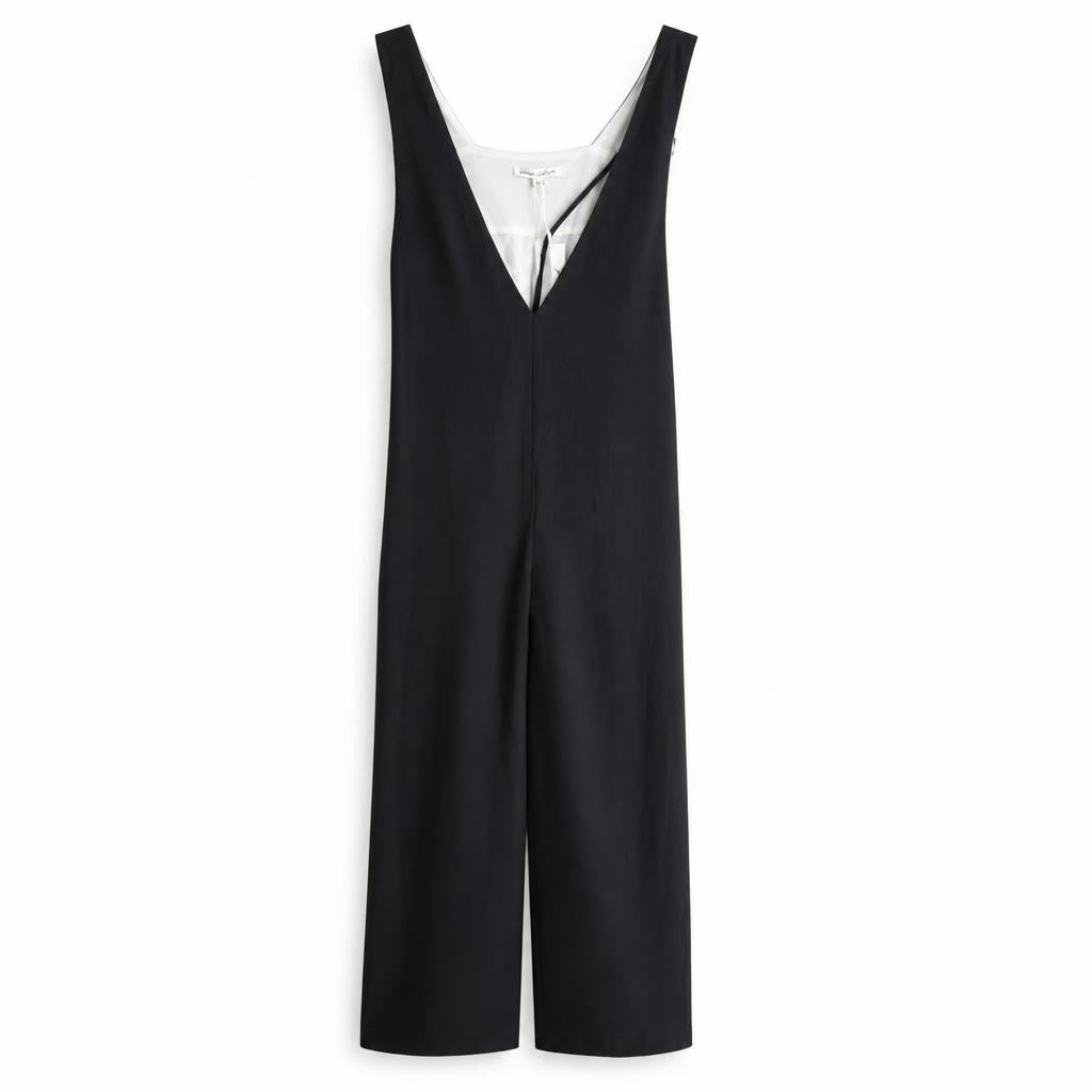 Black V-neck sleeveless jumpsuit, new with tag - white studio shot, second-hand at Why Go Less, Dekwaneh, Lebanon