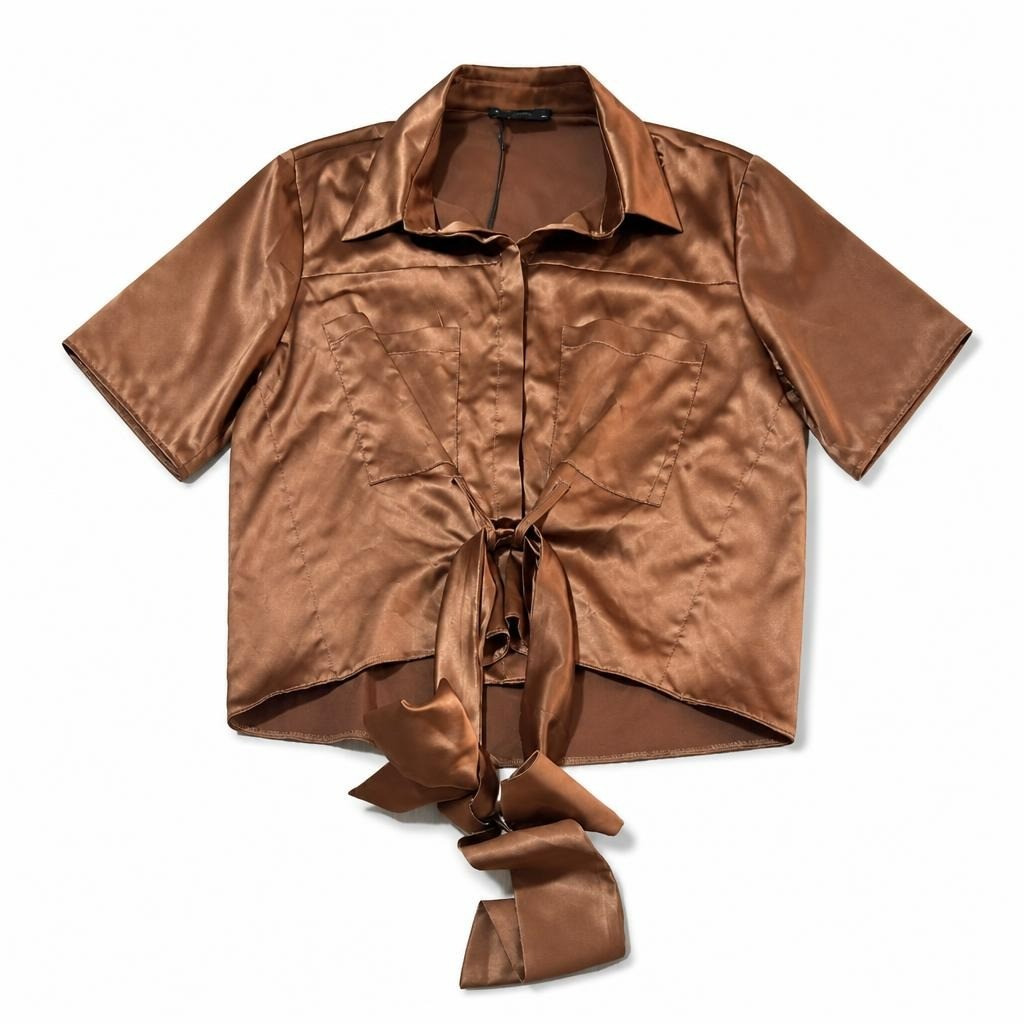 Brown satin tie-front shirt, brand Lafon - white studio shot, second-hand at Why Go Less, Dekwaneh, Lebanon