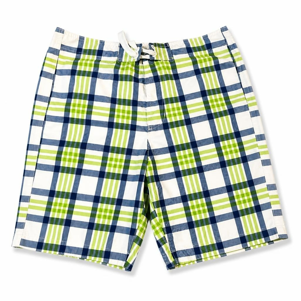 Abercrombie plaid board shorts, blue green white - white studio shot, second-hand at Why Go Less, Dekwaneh, Lebanon