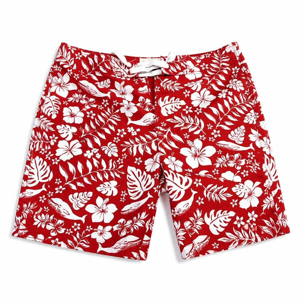 Abercrombie floral board shorts, red and white - white studio shot, second-hand at Why Go Less, Dekwaneh, Lebanon