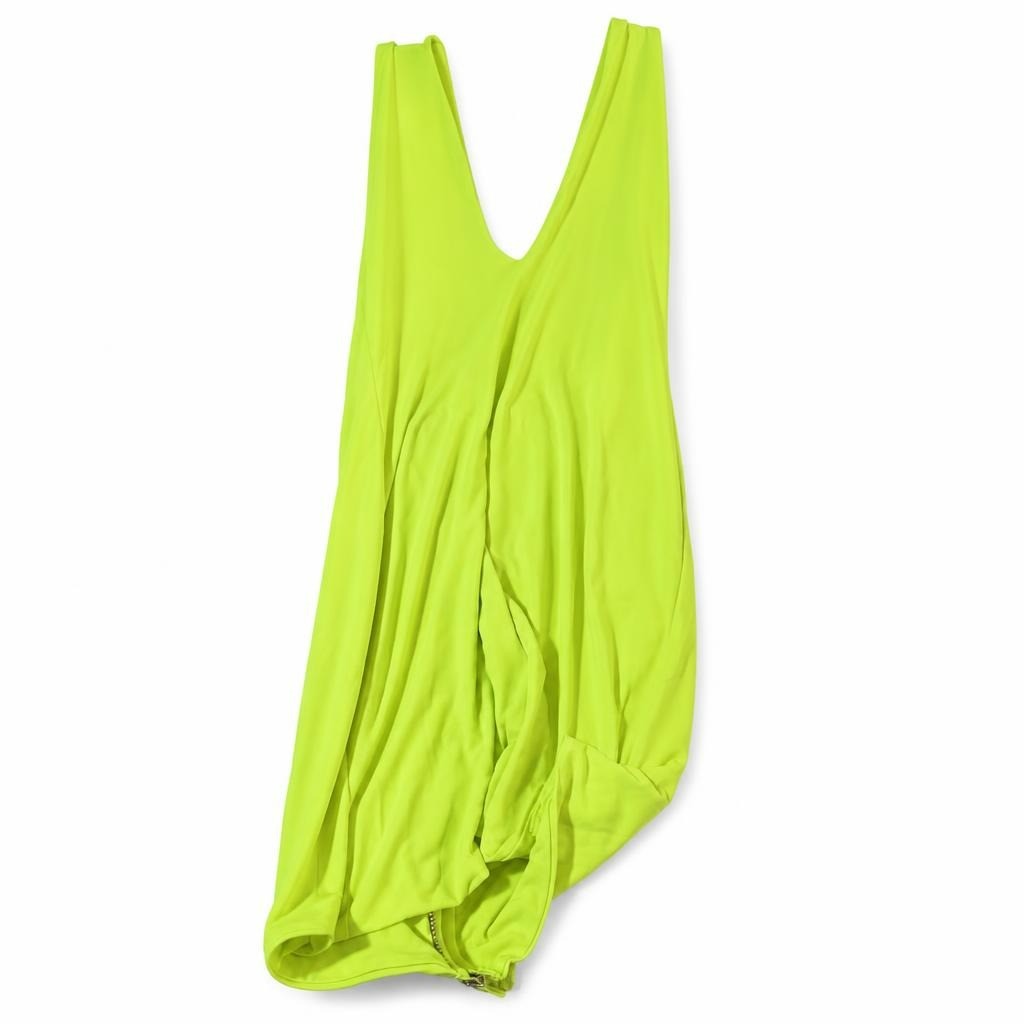 Neon yellow bodycon mini dress, V-neck, zip hem - white studio shot, second-hand at Why Go Less, Dekwaneh, Lebanon