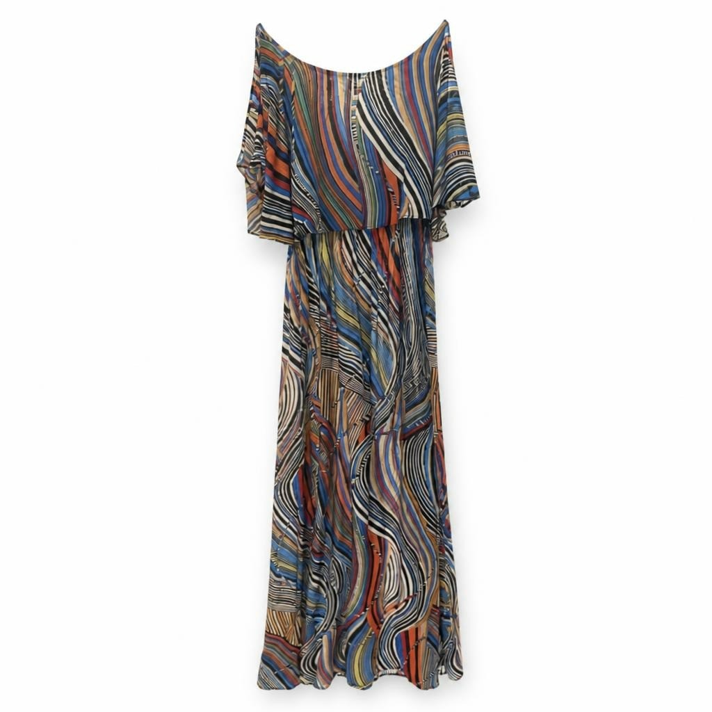 Multicolor abstract print maxi dress, one shoulder - white studio shot, second-hand at Why Go Less, Dekwaneh, Lebanon