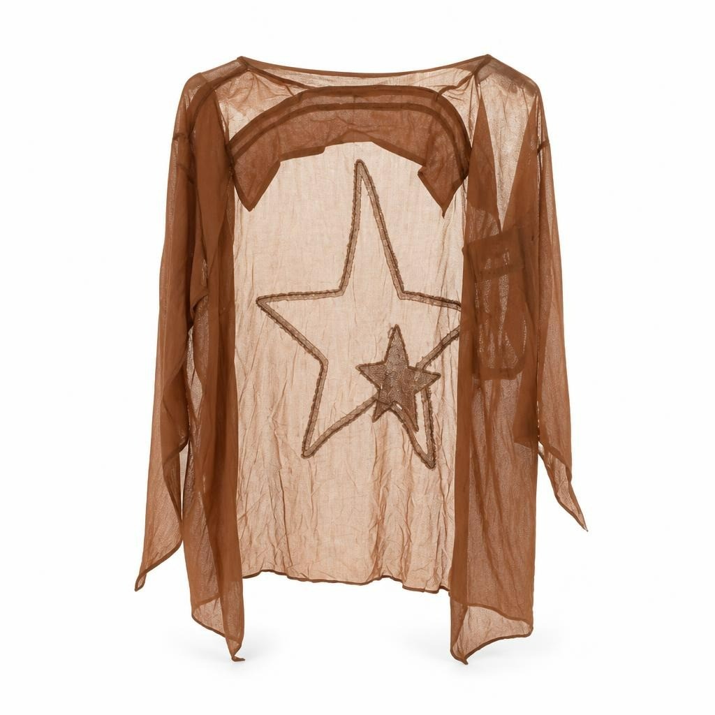 Sheer brown star-print wrap top, one size - white studio shot, second-hand at Why Go Less, Dekwaneh, Lebanon