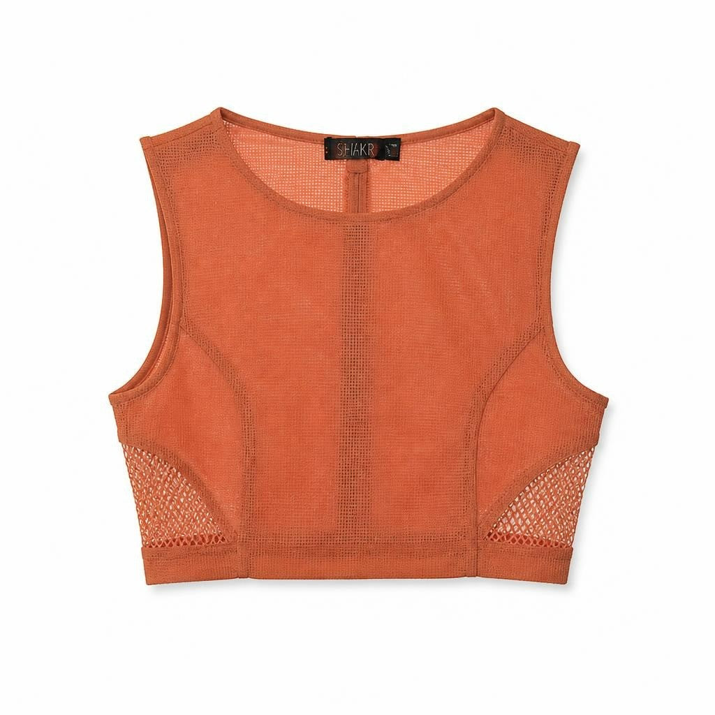 Coral mesh crop top with knit trim, S/M - white studio shot, second-hand at Why Go Less, Dekwaneh, Lebanon