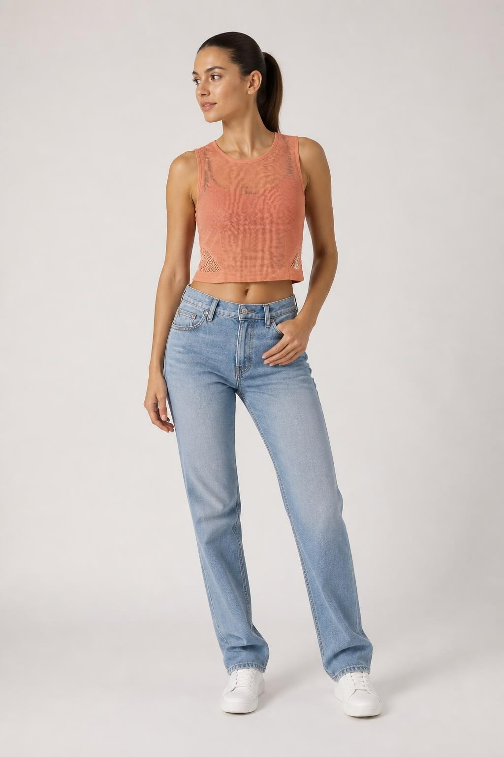 Coral Mesh Crop Top with Knit Trim | Pre-Loved | Why Go Less