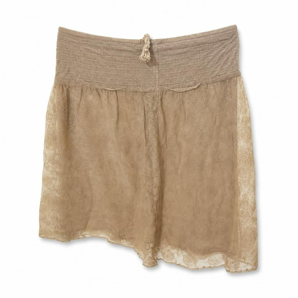 Beige lace mini skirt with smocked waistband - white studio shot, second-hand at Why Go Less, Dekwaneh, Lebanon