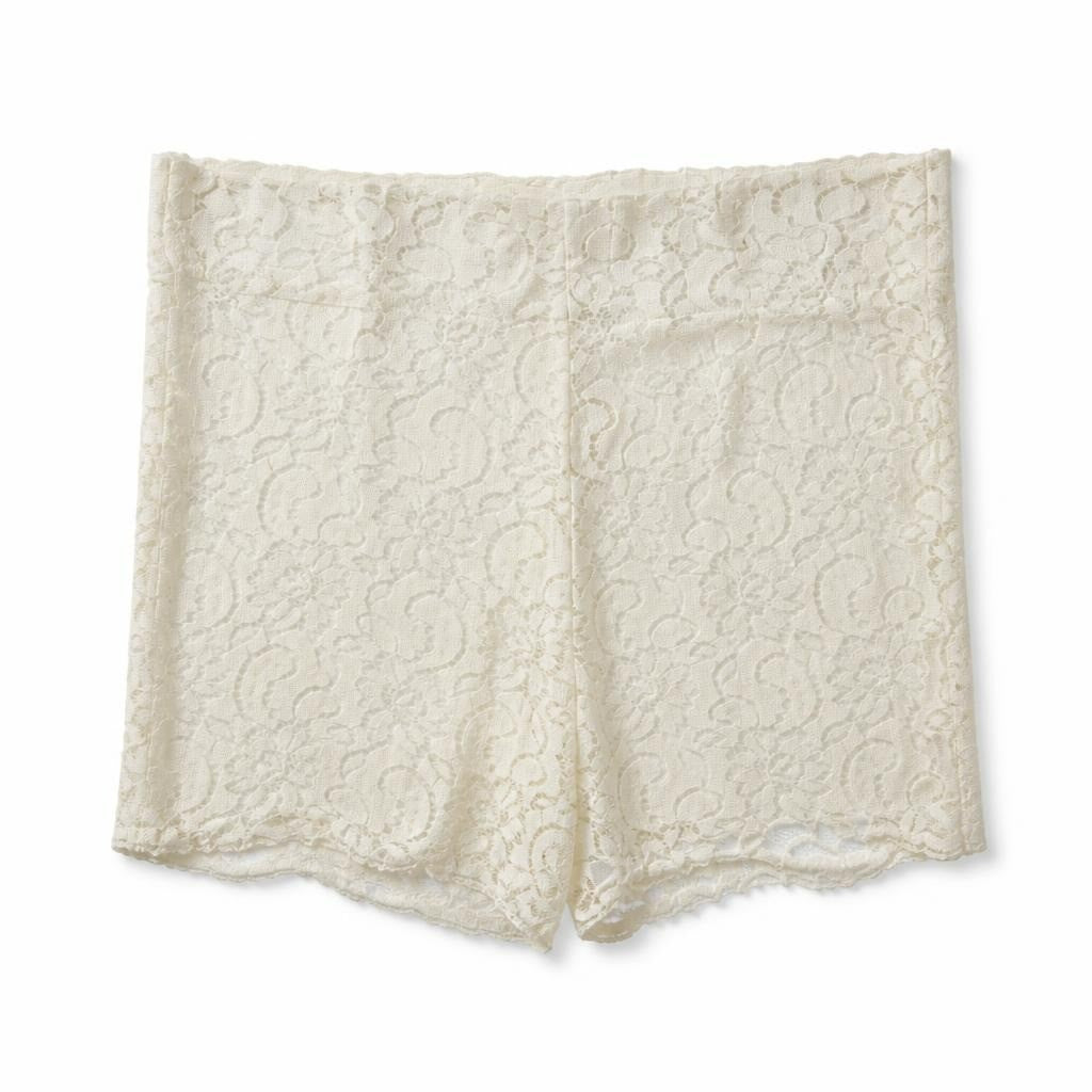 Cream lace mini skirt, floral pattern - white studio shot, second-hand at Why Go Less, Dekwaneh, Lebanon