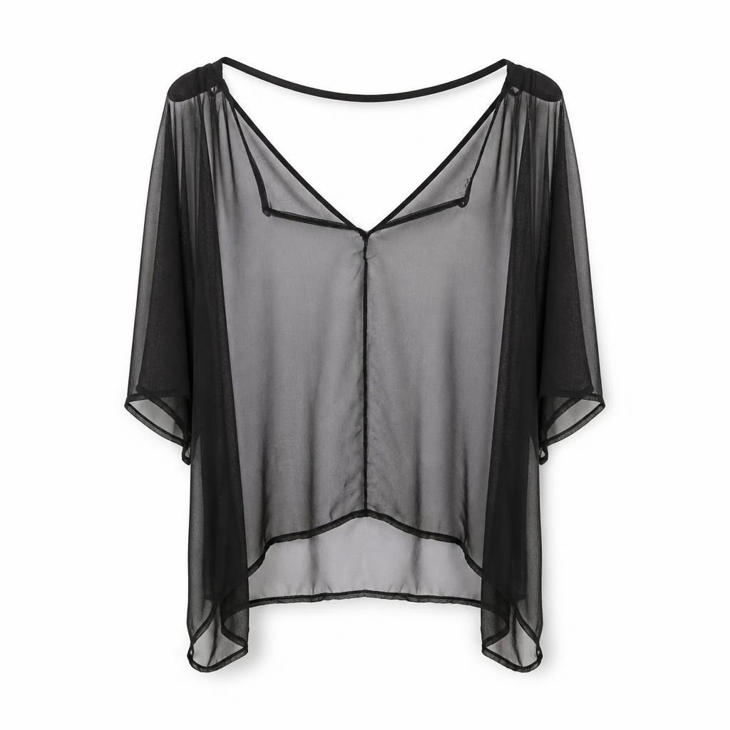 Black sheer mesh asymmetric draped top - white studio shot, second-hand at Why Go Less, Dekwaneh, Lebanon