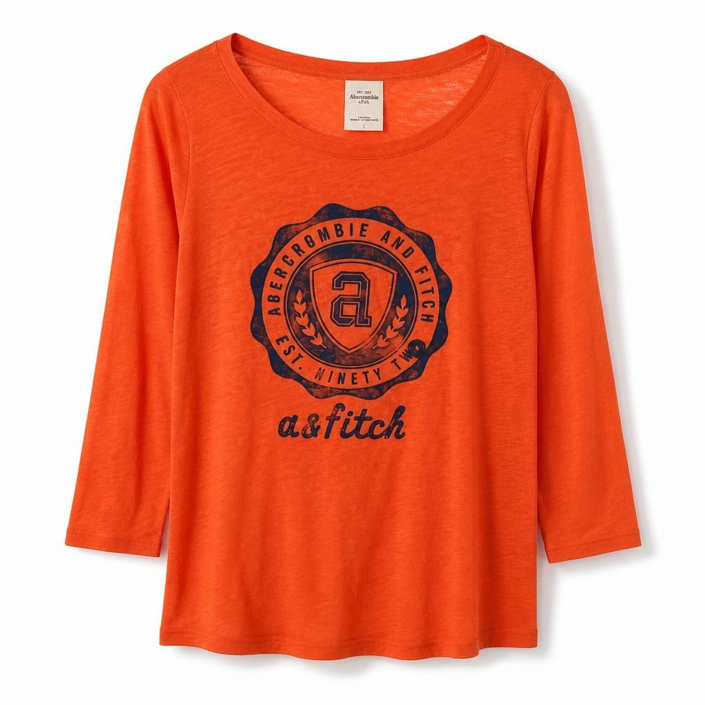 Abercrombie & Fitch orange long-sleeve tee - white studio shot, second-hand at Why Go Less, Dekwaneh, Lebanon