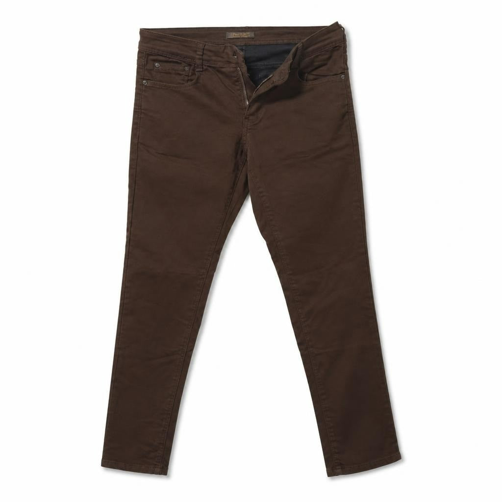 Dark brown skinny jeans, mid-rise - white studio shot, second-hand at Why Go Less, Dekwaneh, Lebanon
