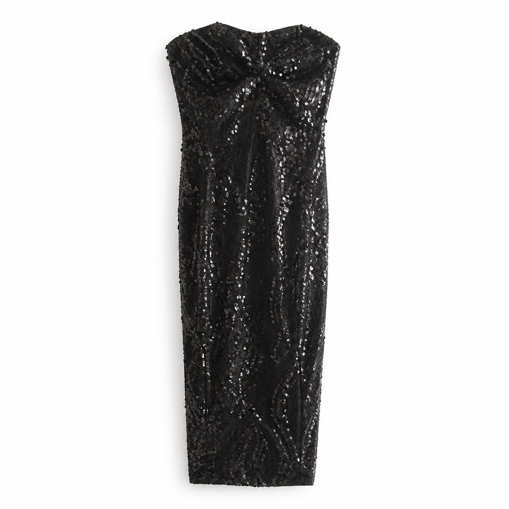 Black sequin strapless maxi dress, size unknown - white studio shot, second-hand at Why Go Less, Dekwaneh, Lebanon