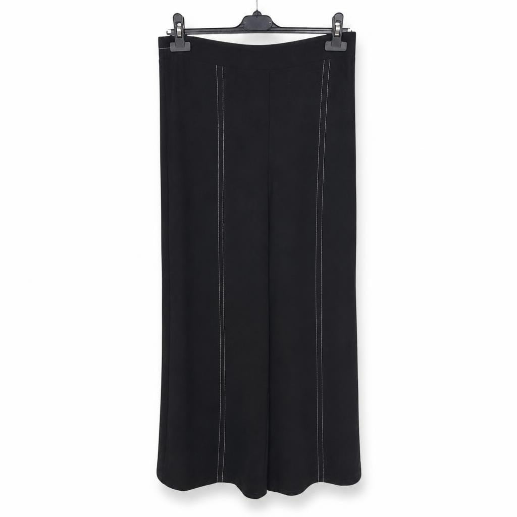 Black wide-leg pants white stitch detail, size unknown - white studio shot, second-hand at Why Go Less, Dekwaneh, Lebanon