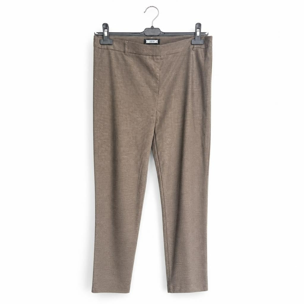 Taupe ribbed straight-leg pants, size unknown - white studio shot, second-hand at Why Go Less, Dekwaneh, Lebanon