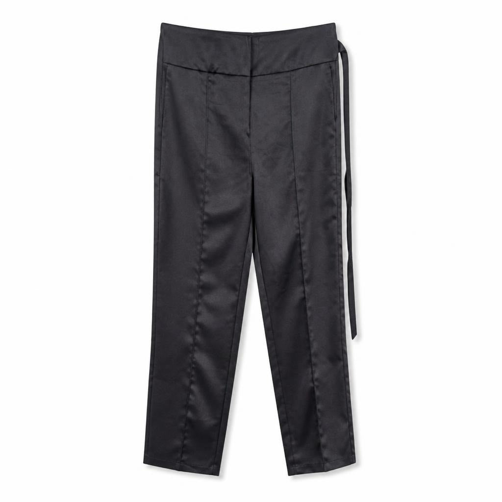 Dark grey satin slim trousers, new with tags - white studio shot, second-hand at Why Go Less, Dekwaneh, Lebanon