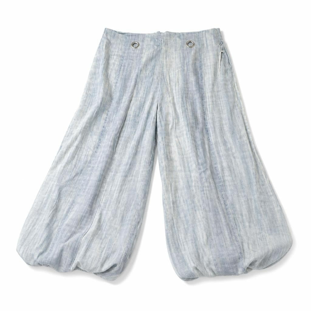 Light blue wide-leg linen trousers, new with tags - white studio shot, second-hand at Why Go Less, Dekwaneh, Lebanon