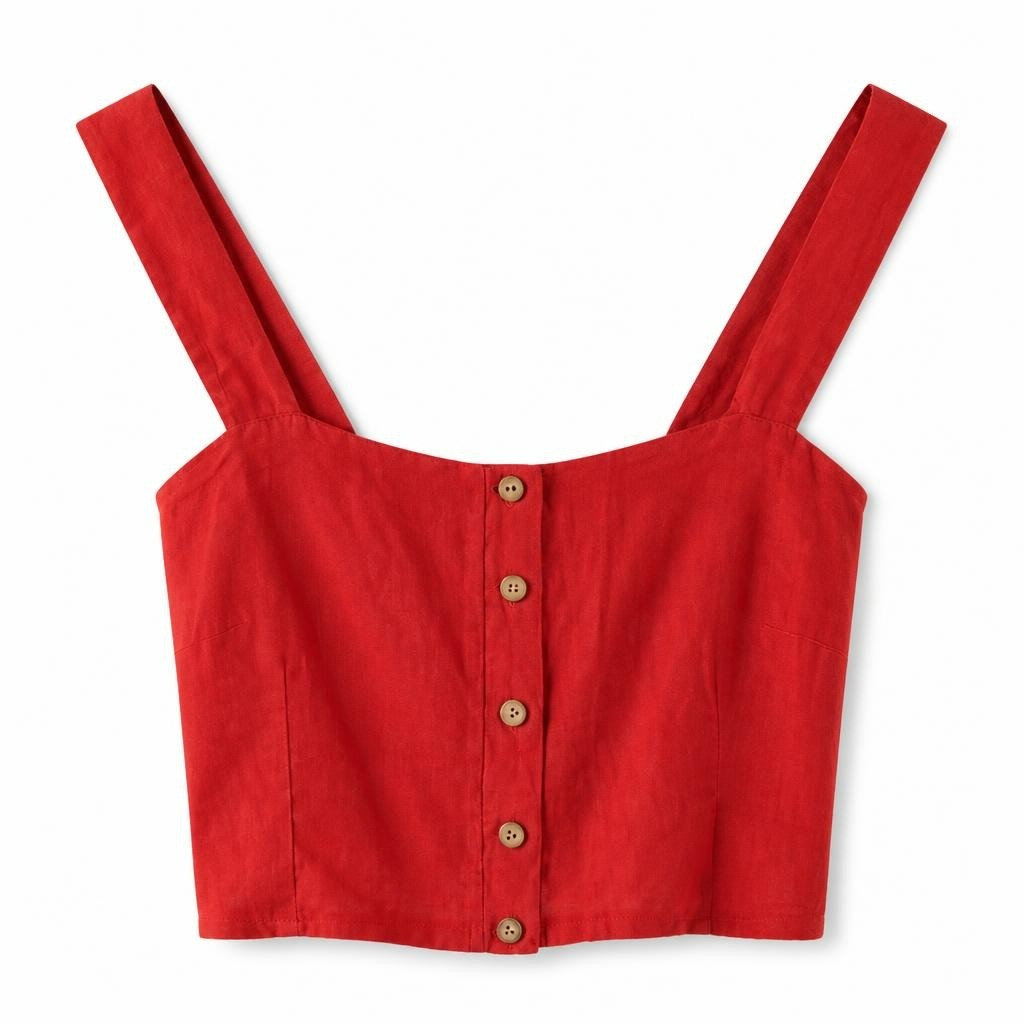 Red linen crop top with buttons, sleeveless - white studio shot, second-hand at Why Go Less, Dekwaneh, Lebanon