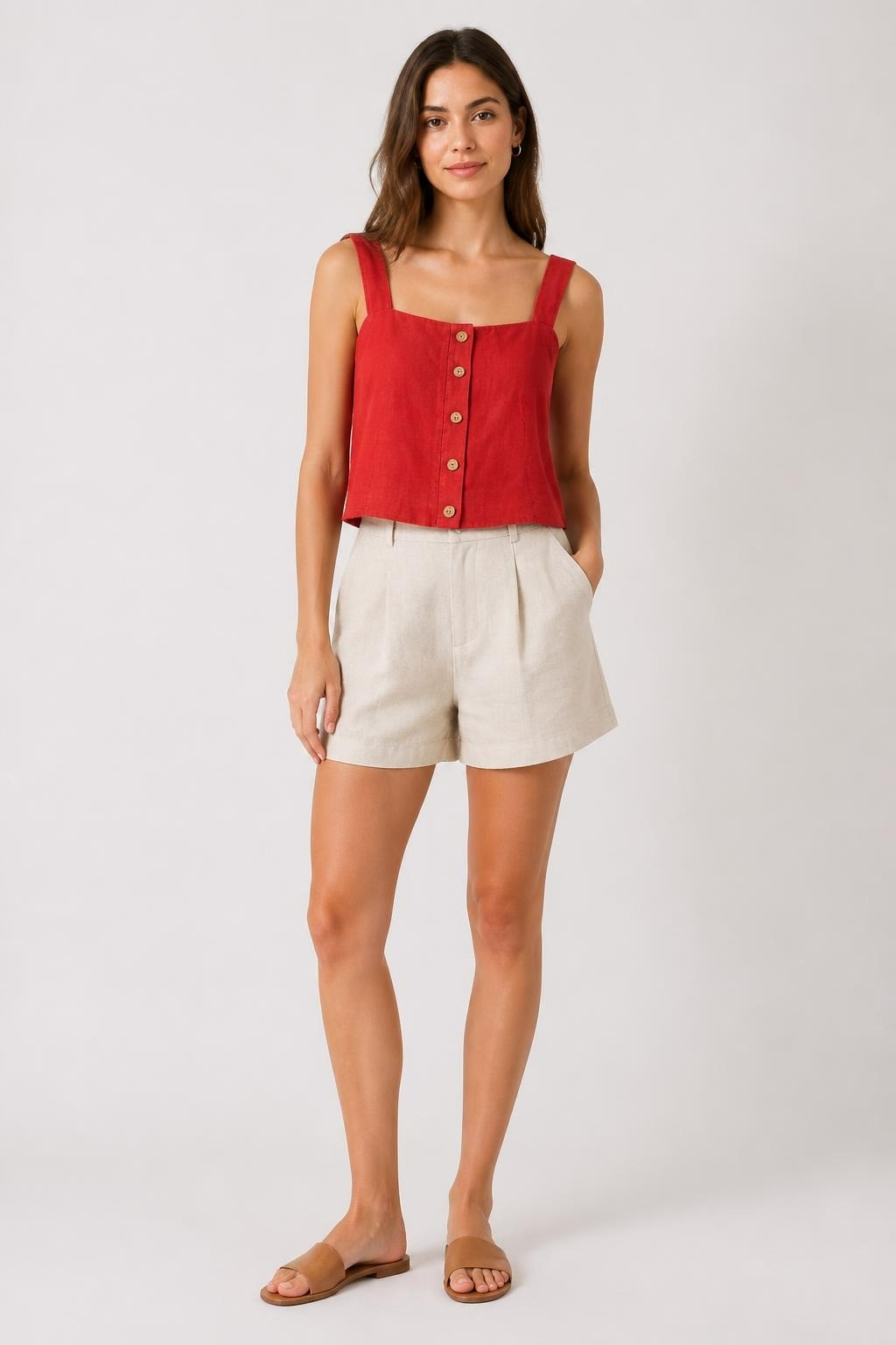 Red Linen Sleeveless Crop Top with Buttons | Pre-Loved | Why Go Less