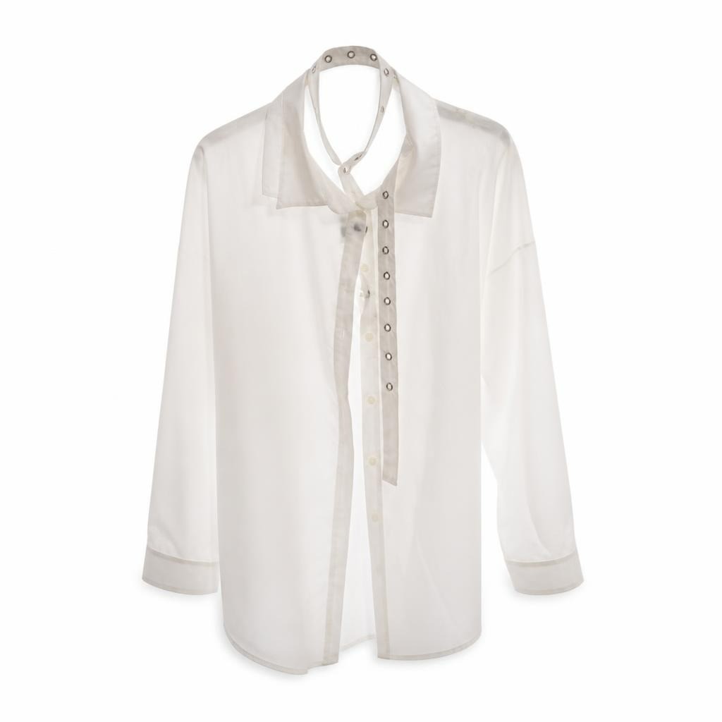 Jenny Fer white button-up shirt with tie detail - white studio shot, second-hand at Why Go Less, Dekwaneh, Lebanon