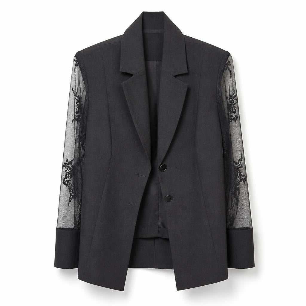 Black blazer sheer lace sleeves one-button - white studio shot, second-hand at Why Go Less, Dekwaneh, Lebanon