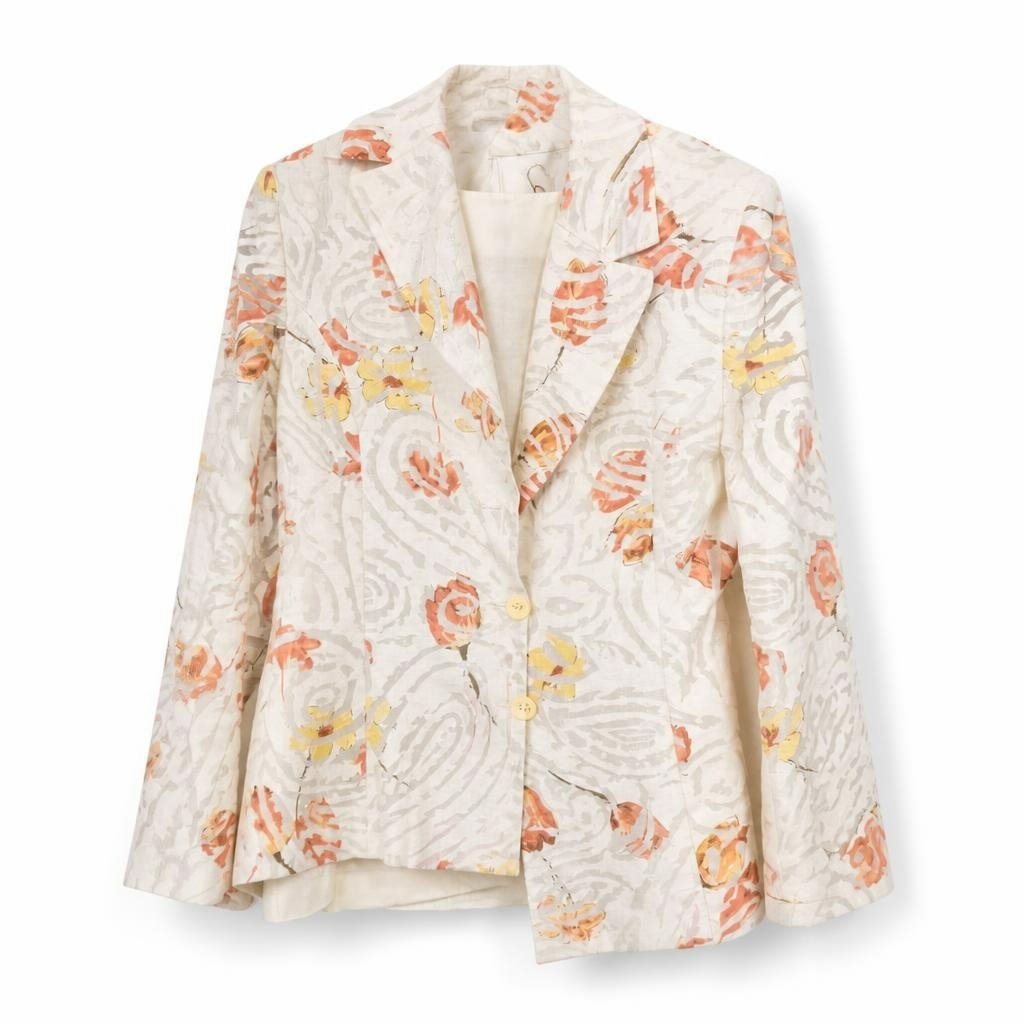 Cream floral print linen blazer 2-button - white studio shot, second-hand at Why Go Less, Dekwaneh, Lebanon