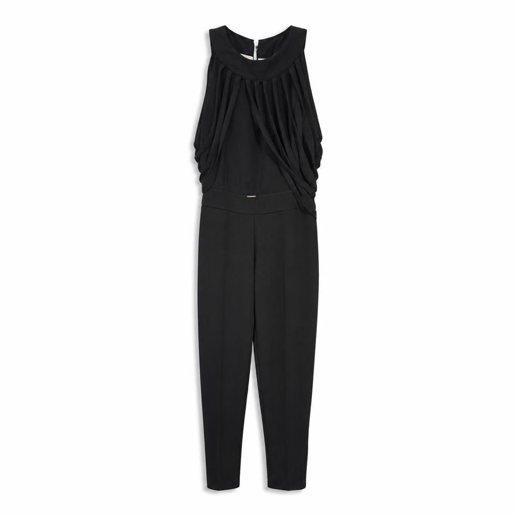 Navy blue sleeveless jumpsuit, draped top, slim leg - white studio shot, second-hand at Why Go Less, Dekwaneh, Lebanon