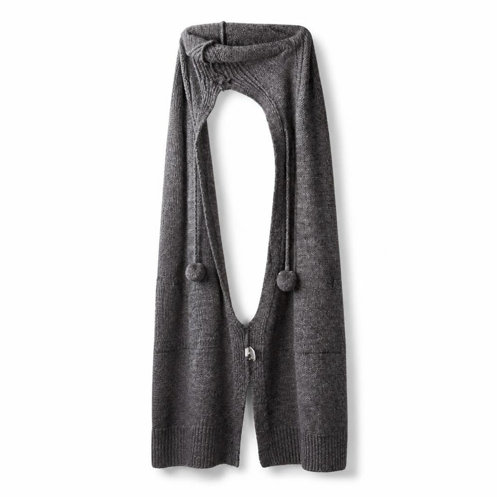 Dark grey knit long cardigan with hood & pom - white studio shot, second-hand at Why Go Less, Dekwaneh, Lebanon