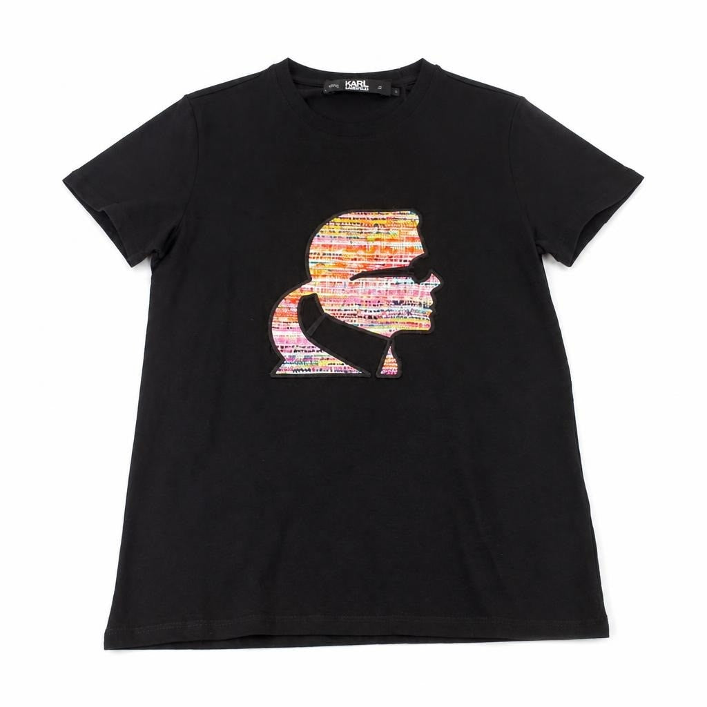 Karl Lagerfeld Black Boucle Profile T-Shirt NWT - white studio shot, second-hand at Why Go Less, Dekwaneh, Lebanon