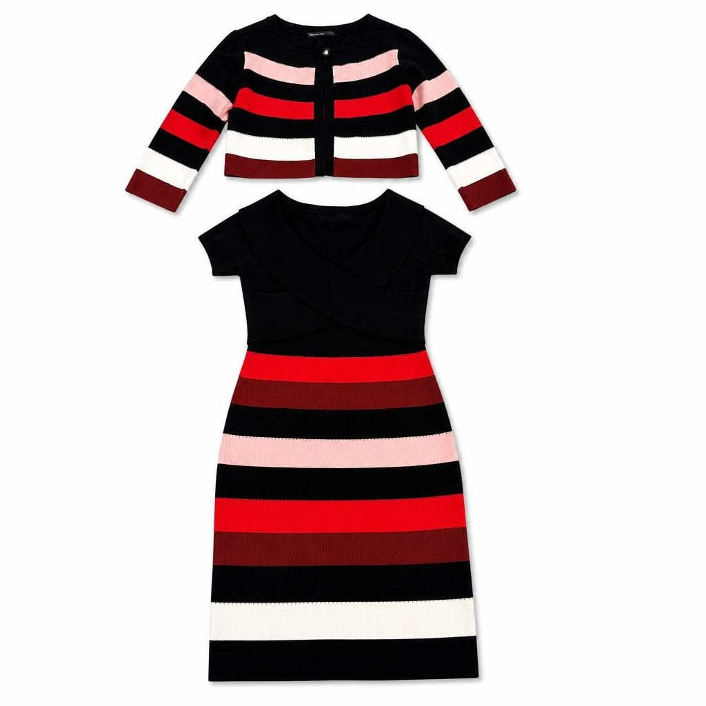 Striped knit dress & cardigan set, black/red, NWT - white studio shot, second-hand at Why Go Less, Dekwaneh, Lebanon