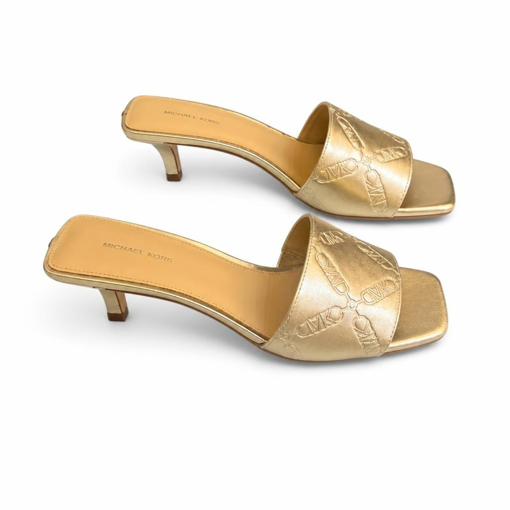 Michael Kors Gold MK Logo Kitten Heel Mule Sz 7 - white studio shot, second-hand at Why Go Less, Dekwaneh, Lebanon