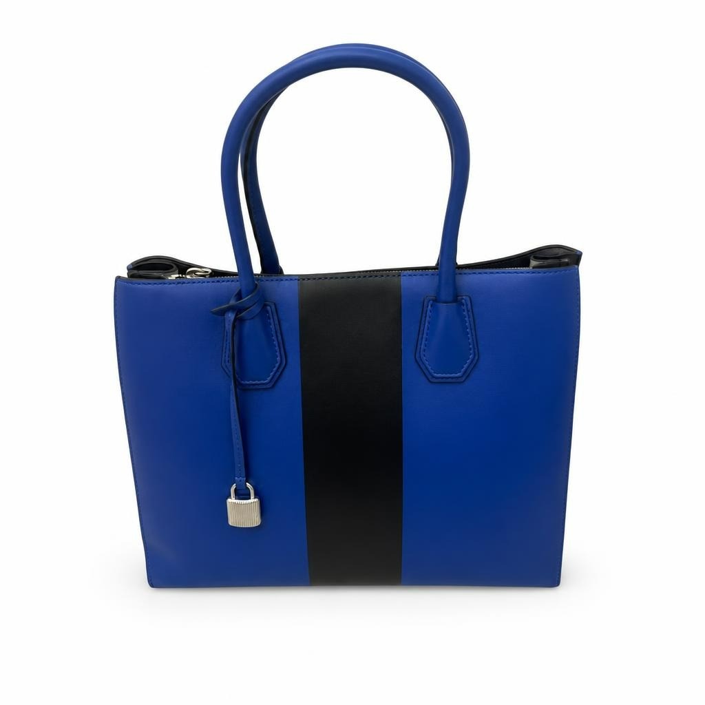Michael Kors blue & black leather tote bag - white studio shot, second-hand at Why Go Less, Dekwaneh, Lebanon