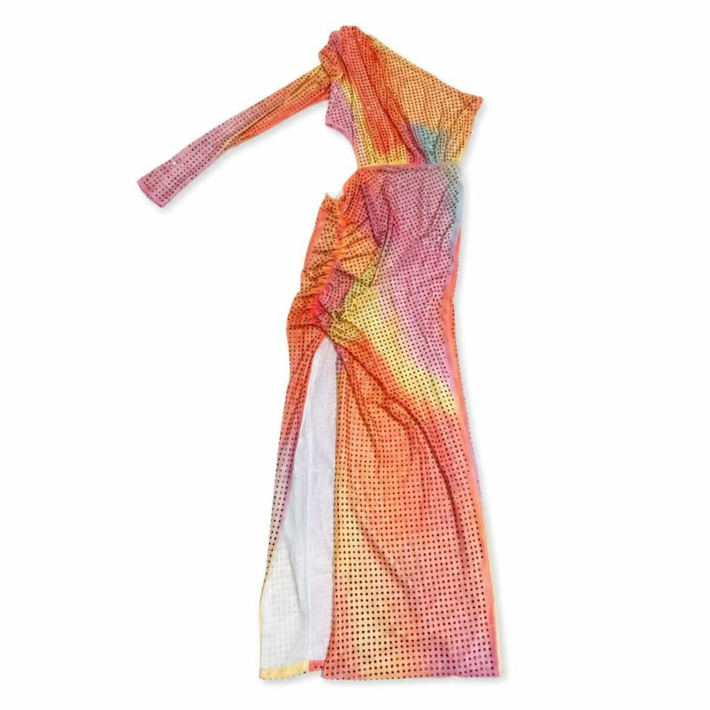 Rainbow ombre rhinestone one-shoulder maxi dress - white studio shot, second-hand at Why Go Less, Dekwaneh, Lebanon