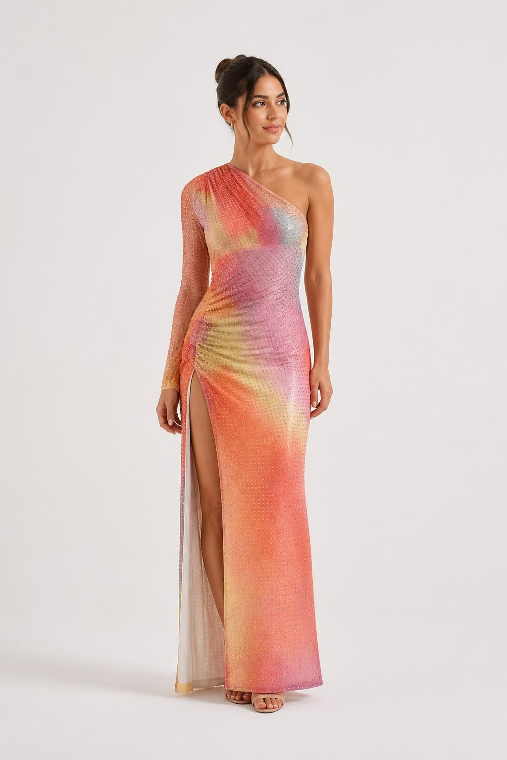 Rainbow Ombre Rhinestone One-Shoulder Maxi Dress | Pre-Loved | Why Go Less