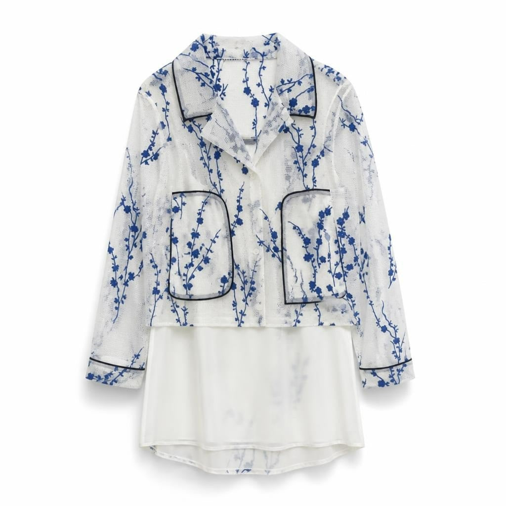 Longchamp white & blue floral mesh jacket set - white studio shot, second-hand at Why Go Less, Dekwaneh, Lebanon