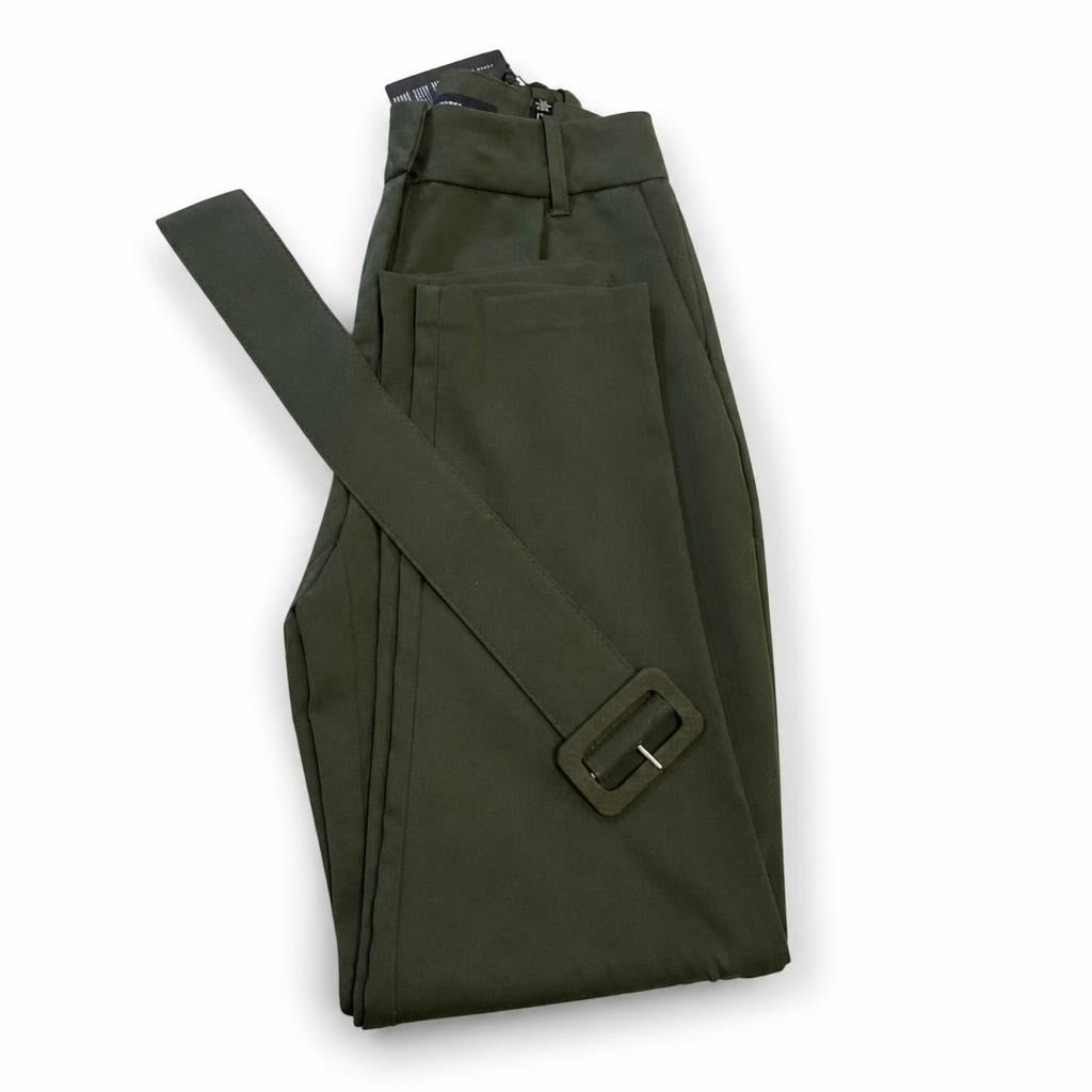 Vero Moda Olive Green Belted Carrot Trousers XS/32 - white studio shot, second-hand at Why Go Less, Dekwaneh, Lebanon