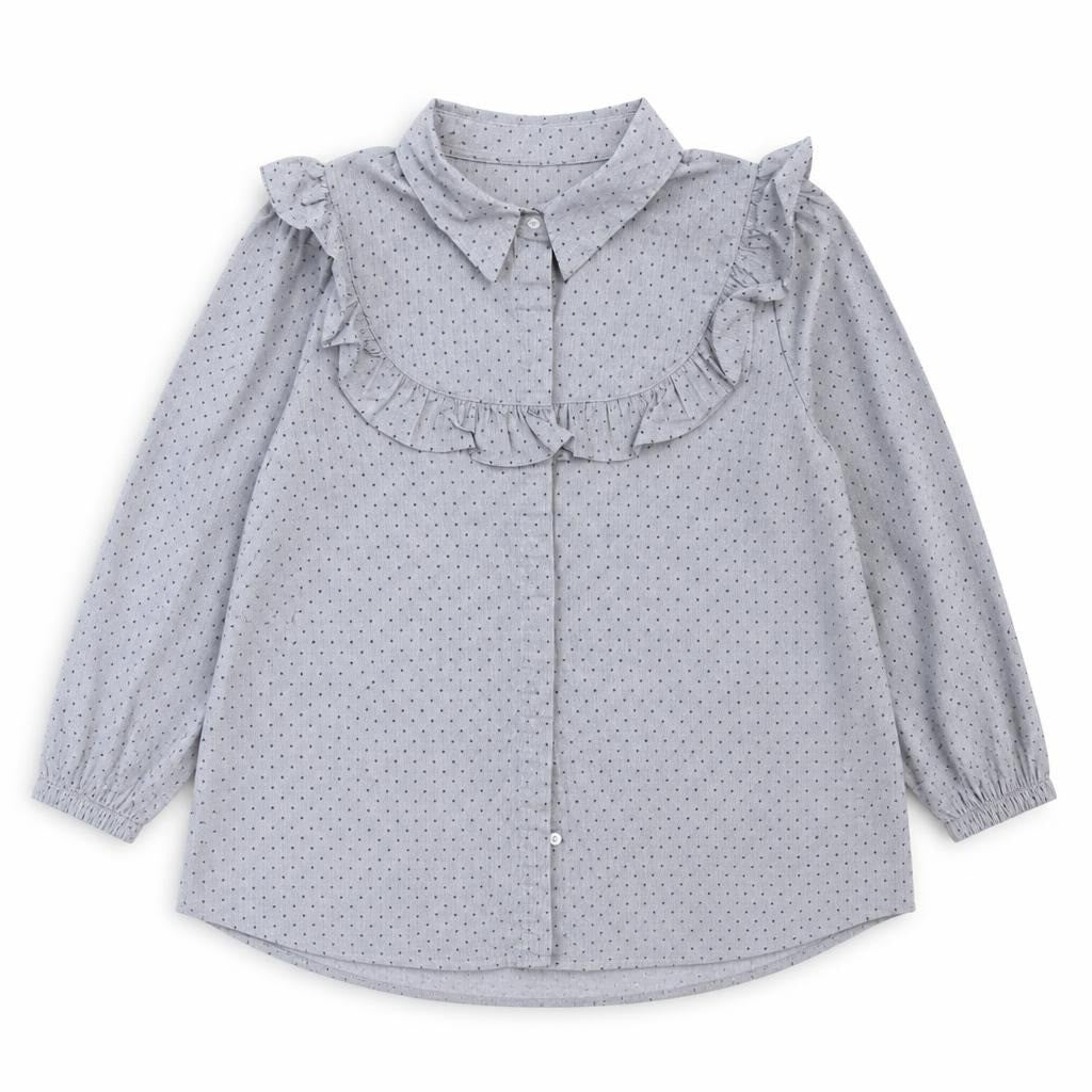 H&M Blue Polka Dot Ruffle Collar Blouse Size 12 - white studio shot, second-hand at Why Go Less, Dekwaneh, Lebanon
