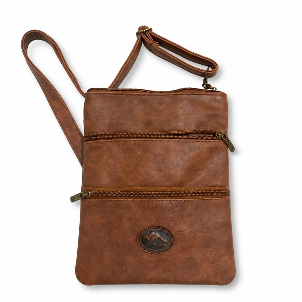 Kangaroo Brown Faux Leather Crossbody Bag - white studio shot, second-hand at Why Go Less, Dekwaneh, Lebanon