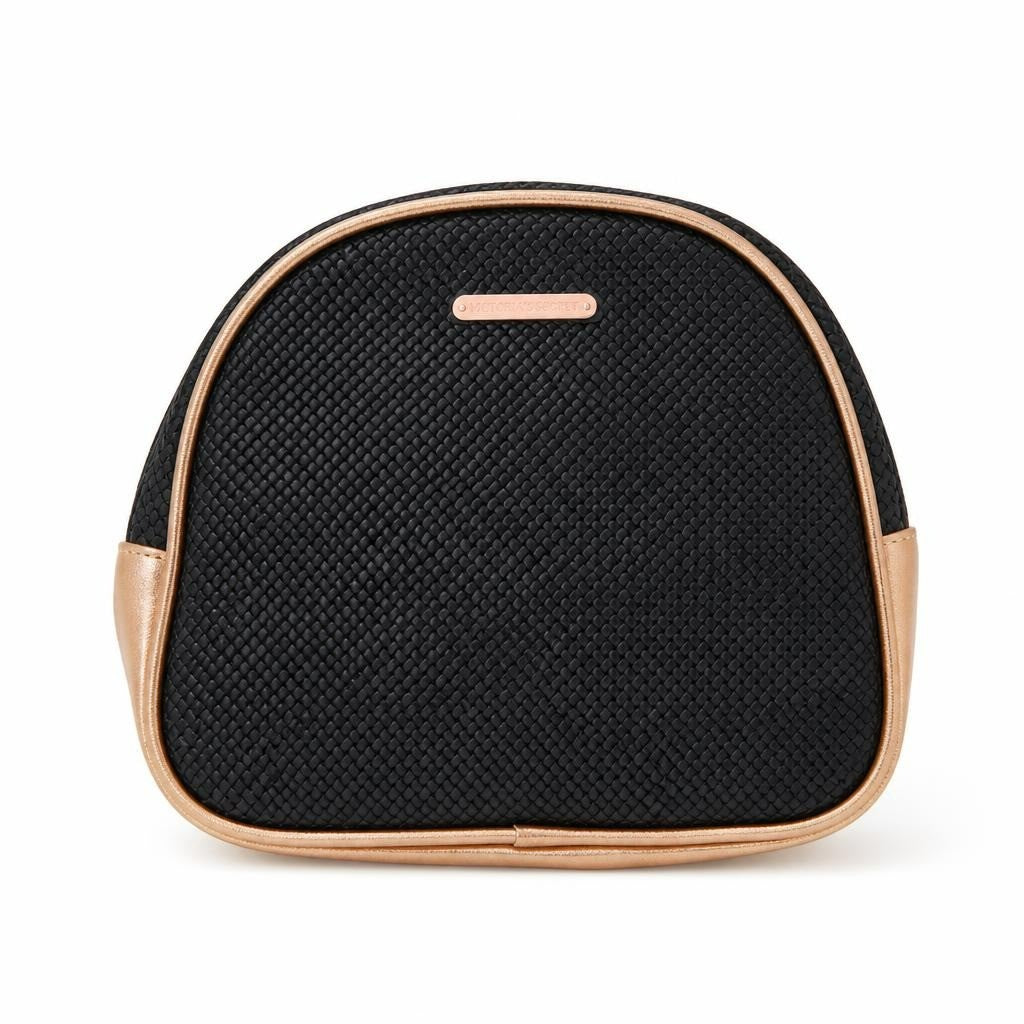 Models Prefer black woven dome cosmetic pouch rose gold - white studio shot, second-hand at Why Go Less, Dekwaneh, Lebanon