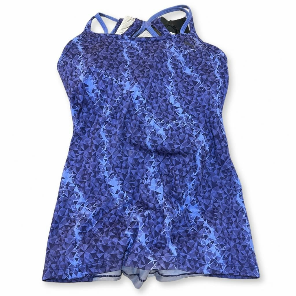 Puma Purple geometric print athletic tank top - white studio shot, second-hand at Why Go Less, Dekwaneh, Lebanon