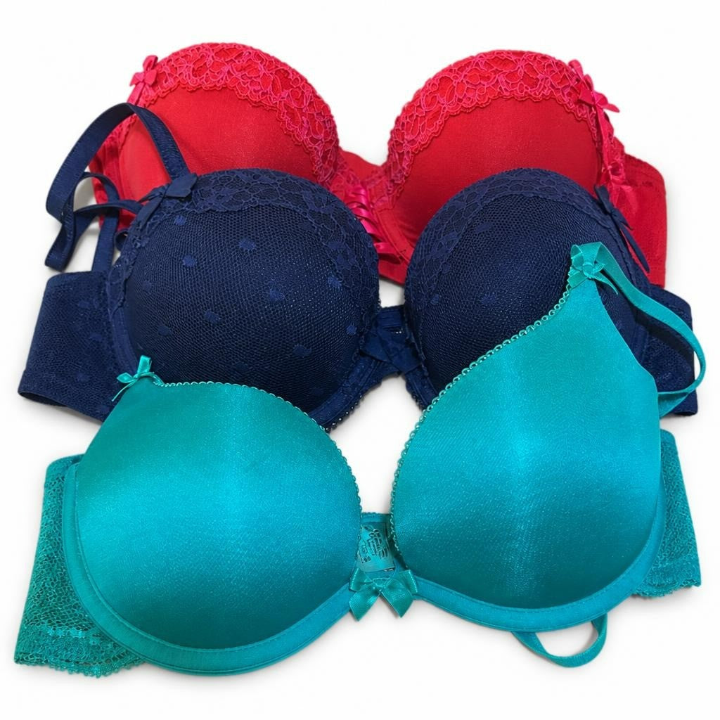 Mixed bras lot: teal, navy, red, 3 pieces - white studio shot, second-hand at Why Go Less, Dekwaneh, Lebanon