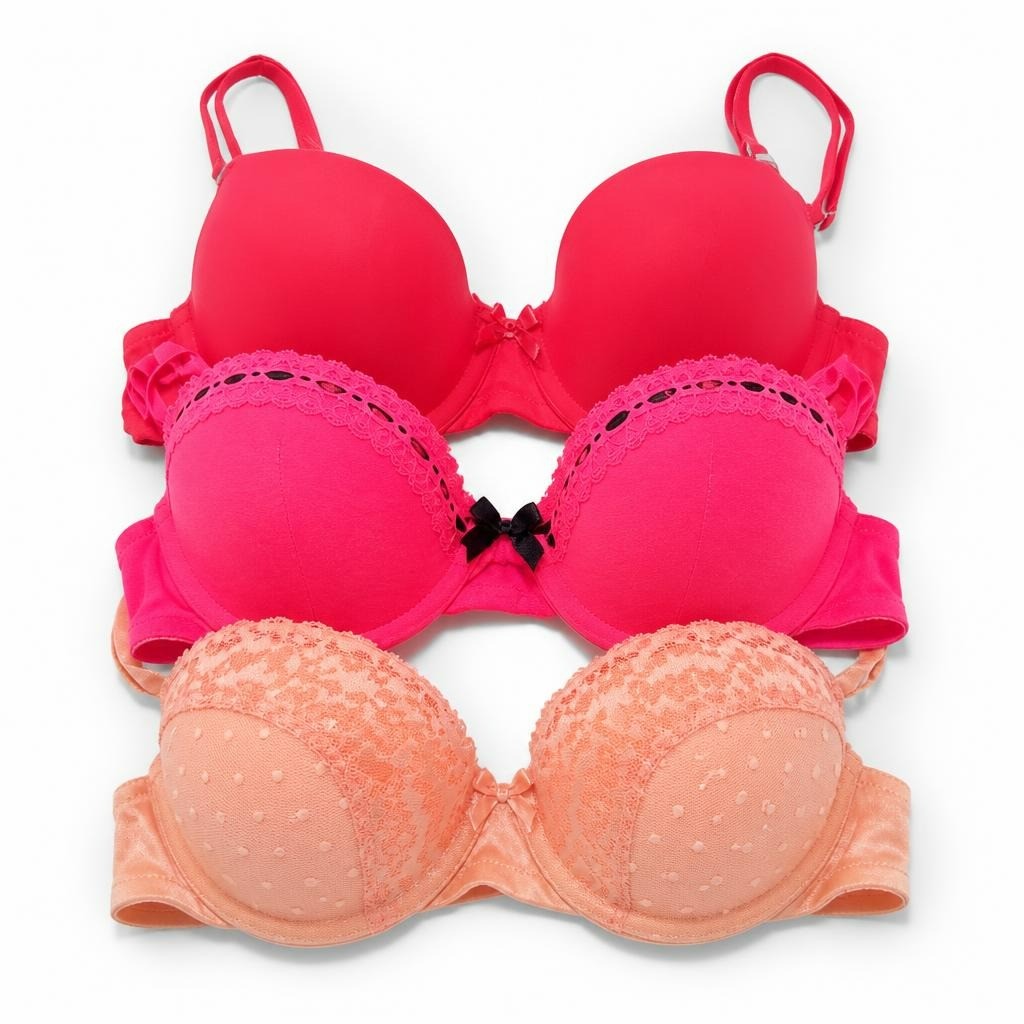 Mixed bras lot: red, coral, peach, 4 pieces - white studio shot, second-hand at Why Go Less, Dekwaneh, Lebanon