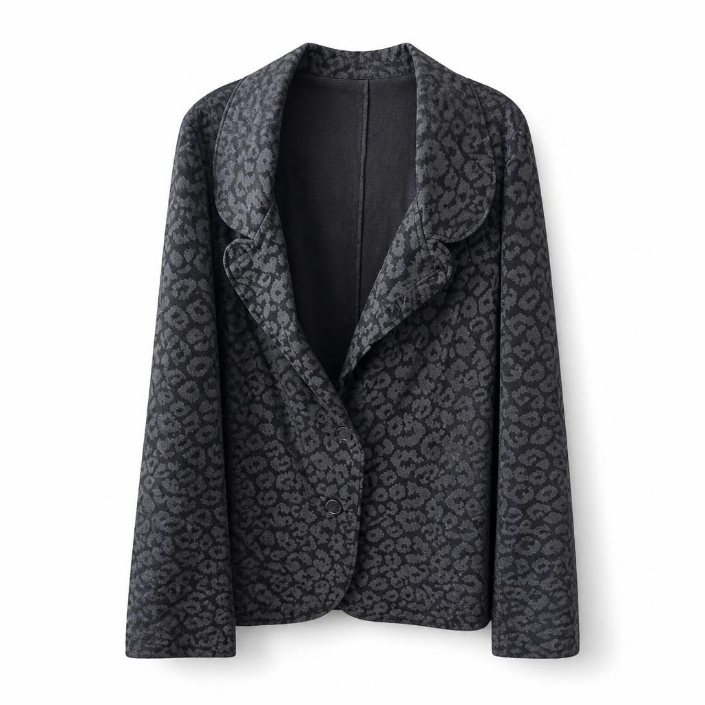 black Leopard Print Draped Lapel Jacket - white studio shot, second-hand at Why Go Less, Dekwaneh, Lebanon