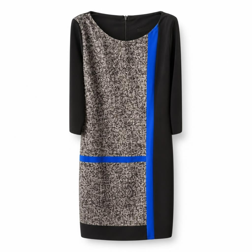Black Mixed Fabric Midi Dress Blue Trim, Exploror - white studio shot, second-hand at Why Go Less, Dekwaneh, Lebanon