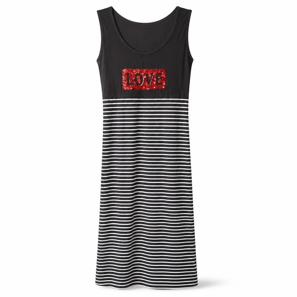 Black & White Striped Sleeveless arrowd neck., LOVE Sequin - white studio shot, second-hand at Why Go Less, Dekwaneh, Lebanon