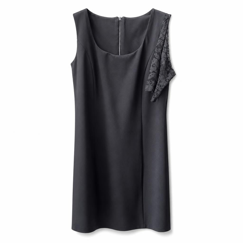 Black sleeveless dress with lace panel detail - white studio shot, second-hand at Why Go Less, Dekwaneh, Lebanon