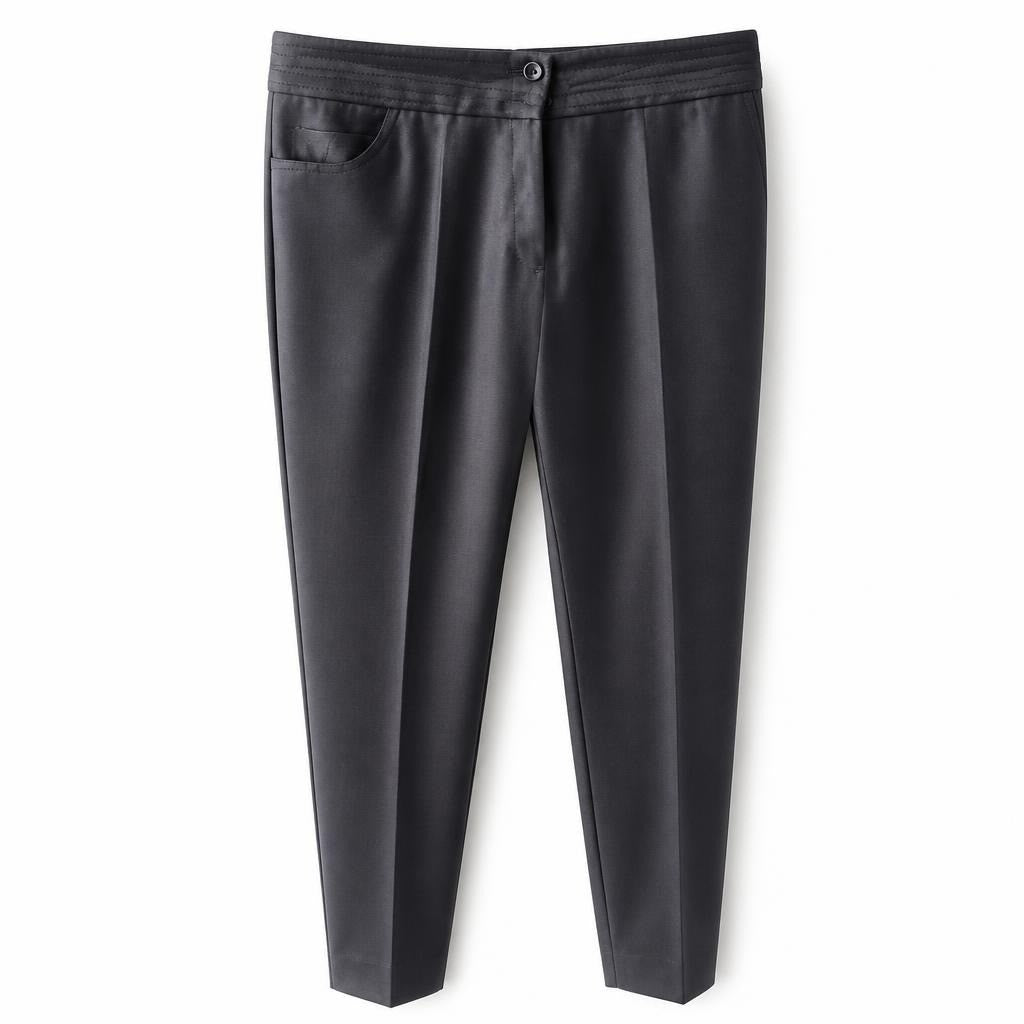 Black tailored trousers with button closure - white studio shot, second-hand at Why Go Less, Dekwaneh, Lebanon