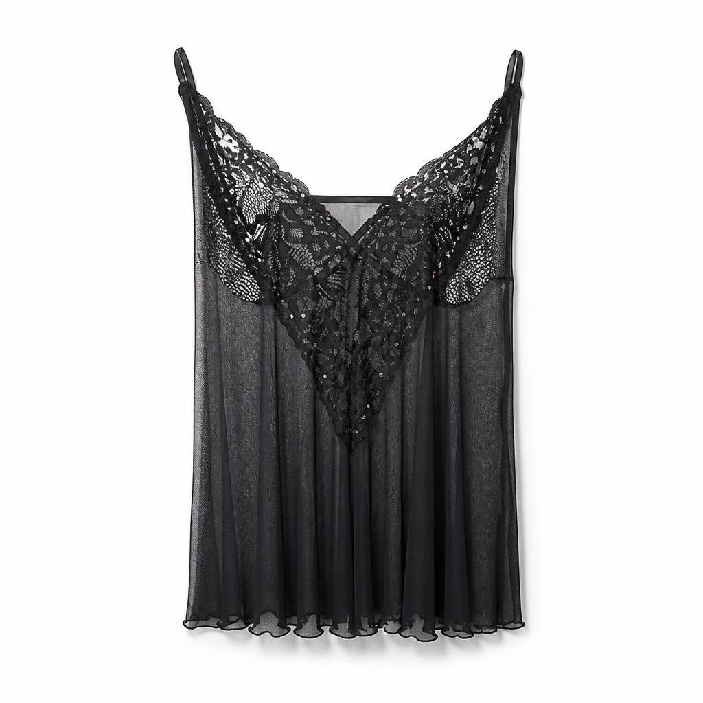 Black lace cami slip babydoll  with rhinestones - white studio shot, second-hand at Why Go Less, Dekwaneh, Lebanon